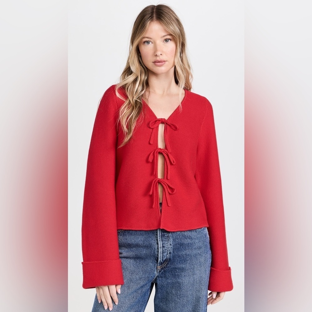 NWT ALIGNE Red V-Neck Sweater with Bow Details -‎ 100% Organic Cotton